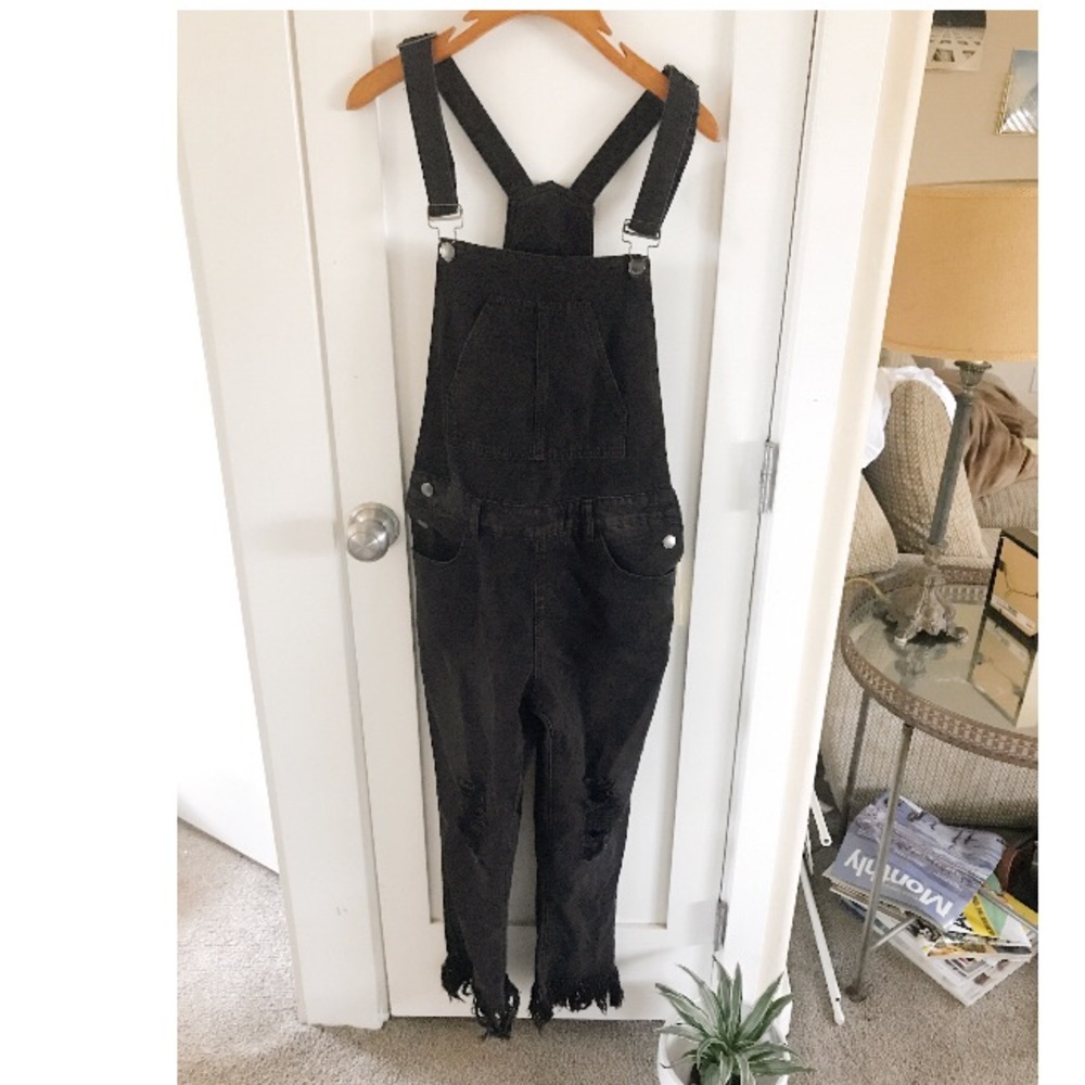 Black distressed long overalls